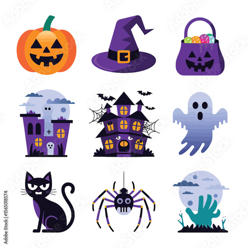 2d vector illustration Halloween t shirt icon design items ghost character Candles in carved pumpkin
