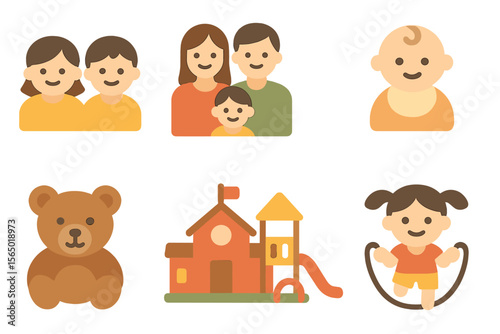 Family and childhood vector illustration: playful scenes and iconic symbols in flat style for design use