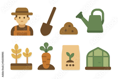Gardening icons vector illustration: farmer tools, plants, and greenhouse in flat design for print and digital use