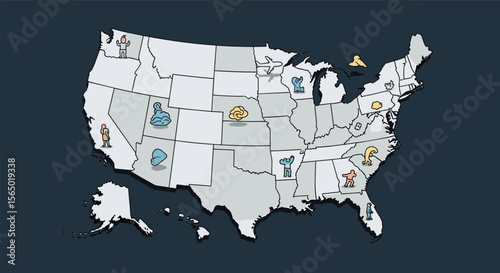 United States Map Showcasing Diverse Regional Industries and Economic Activities Across the Nation