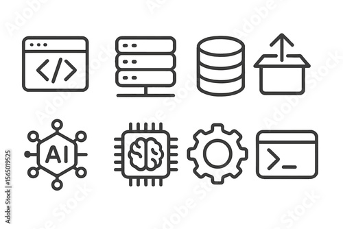Technology icons vector illustration: ai, programming, data storage, and digital solutions for web design