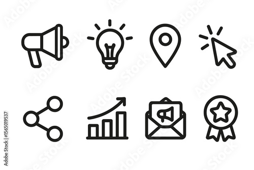 Vector illustration of business and marketing icons in outline style for digital media design