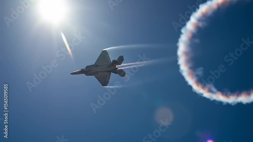 Fighter jet performing a maneuver in clear blue sky, creating a smoke ring under bright sunlight