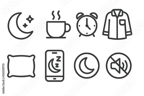 Nighttime vector illustration: sleep and relaxation icons in outline design for digital and print use