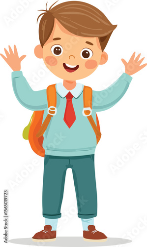 cheerful kid in school uniform, waving and carrying backpack, cartoon vector illustration, boy