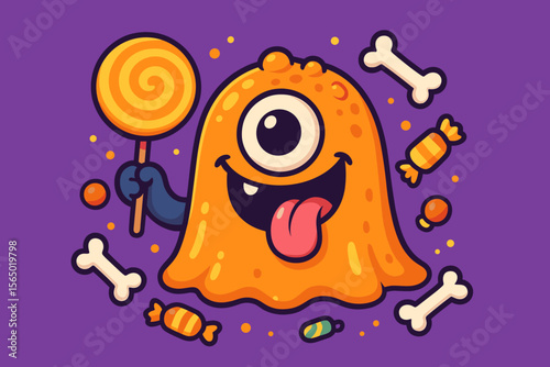 Cute monster with candy and bones in halloween vector illustration