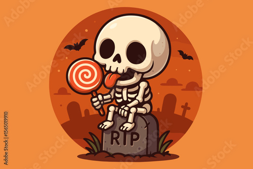 Halloween skeleton kid with lollipop vector illustration in cartoon style for spooky designs