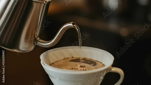 Pouring hot water into a coffee dripper, capturing the brewing process in a cozy caf? setting