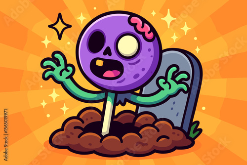 Cute cartoon zombie rising from grave vector illustration for halloween designs