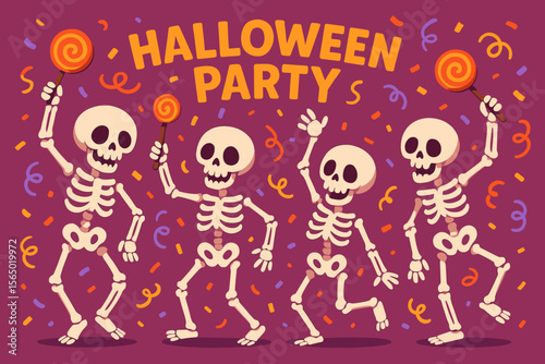 Halloween party vector illustration with dancing skeletons and candy for festive design