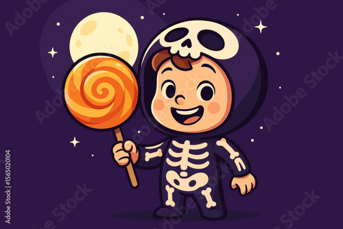 Halloween kid in skeleton costume with lollipop vector illustration for party invites and posters