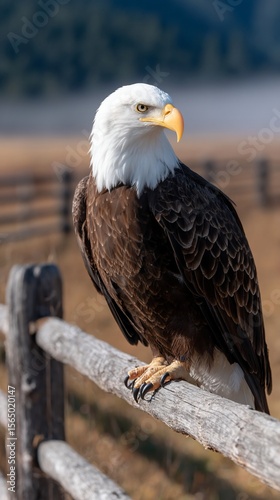 Majestic bald eagle perched on a rustic wooden fence, overlooking a serene landscape