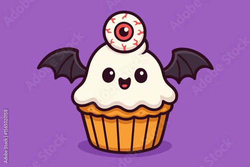 Cute halloween cupcake vector illustration with eyeball and bat wings for spooky holiday decoration
