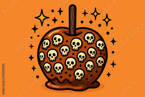 Halloween caramel apple vector illustration with skulls in flat style for holiday poster design