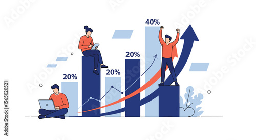Illustrative visual representation of business growth and achieving targets with motivated team members collaborating effectively