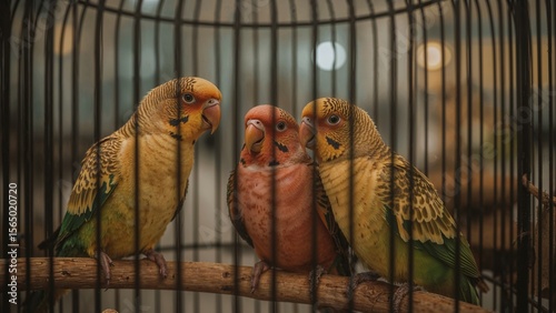 Three shy colorful parakeets in a lobby cage
