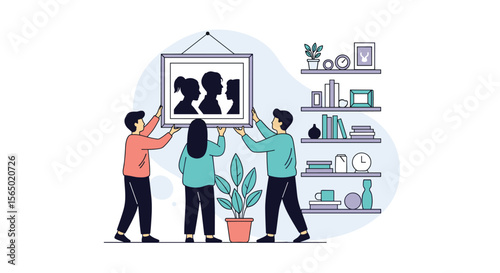 Three people carefully hanging a framed family silhouette picture on a wall in a brightly lit living room