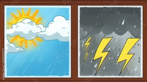 Cartoon illustration depicting sunny weather on the left and a thunderstorm with lightning on the right