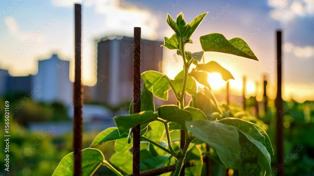Sunlit bean plant growing on a metal trellis in a garden at sunset, urban skyline in background, soft focus, close up