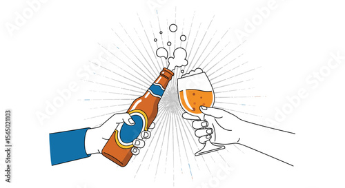 Cheers with a Cold Refreshing Beer Bottle and a Sparkling Glass of Ale Celebration