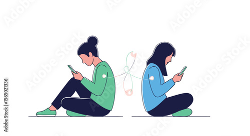 Connected By Phones Two Young Women Sitting Back to Back Sharing Messages Digitally