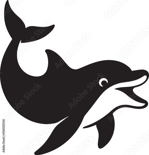 Dolphin silhouette cute black and white pose, Friendly ocean creature illustration sketch