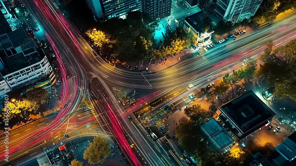 Aerial Night View of City Intersection with Light Trails