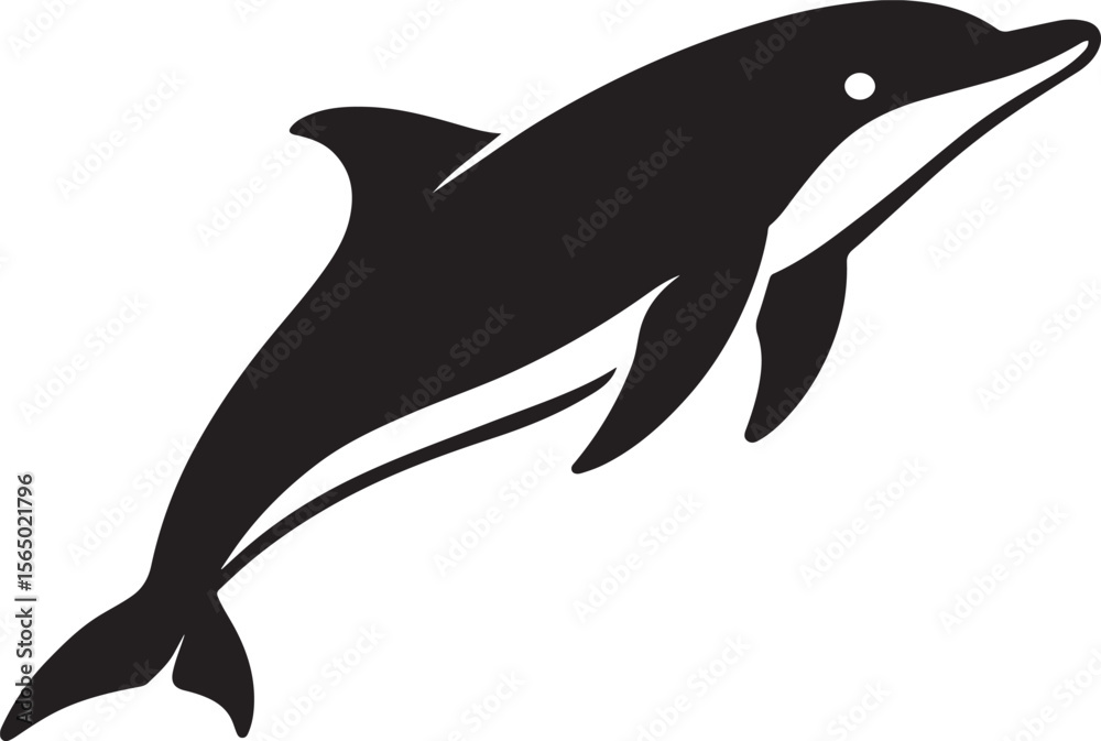 Fototapeta premium Black silhouette of a leaping dolphin simple style, Jumping sea animal clean sketch