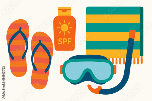 Summer beach essentials vector illustration for vacation design in flat style