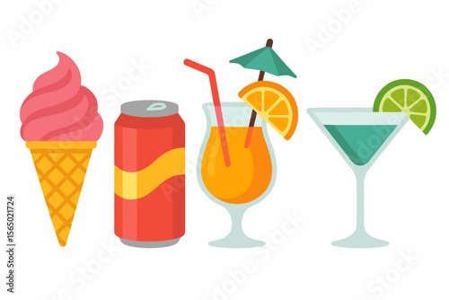 Summer refreshment vector illustration: ice cream, soda, and tropical cocktails for design projects