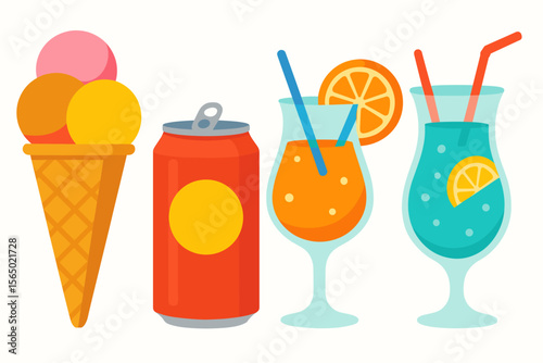 Summer refreshments vector illustration with ice cream, soda, and cocktails for design and print