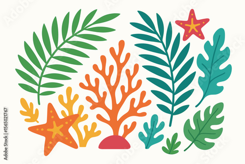 Tropical foliage and sea life vector illustration in flat style for summer theme design