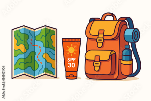Outdoor adventure essentials vector illustration: map, sunscreen, and backpack in flat design for travel and exploration