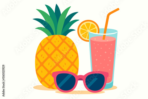 Tropical summer drink vector illustration for beach party design with pineapple, orange, and sunglasses