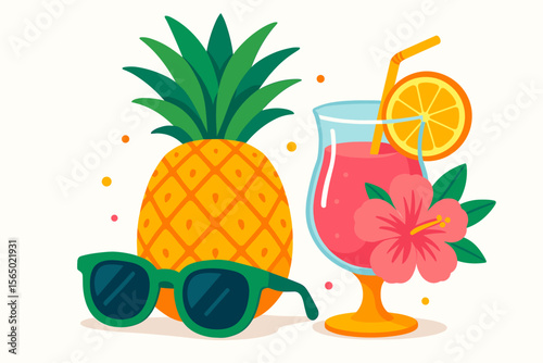 Tropical summer drinks and pineapple vector illustration for beverage design
