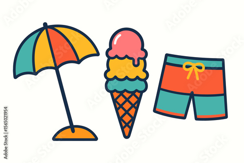 Summer vacation vector illustration with beach umbrella, ice cream, and swim shorts in flat style