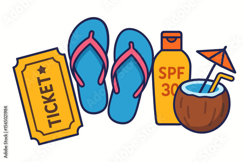 Summer vacation essentials vector illustration: flip flops, ticket, sunscreen, coconut drink for design
