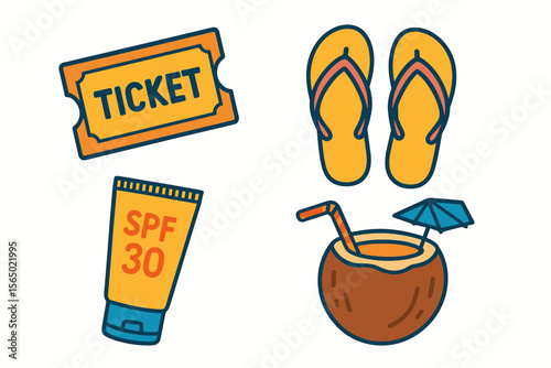 Summer vacation essentials vector illustration: flip flops, coconut drink, ticket, and spf 30 for travel designs
