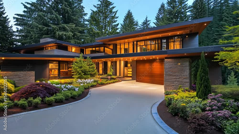 A modern house features large windows surrounded by lush landscaping in a tranquil setting during twilight hours