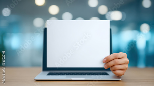 Blank white paper held in front of laptop screen with blurred office background, symbolizing message or announcement