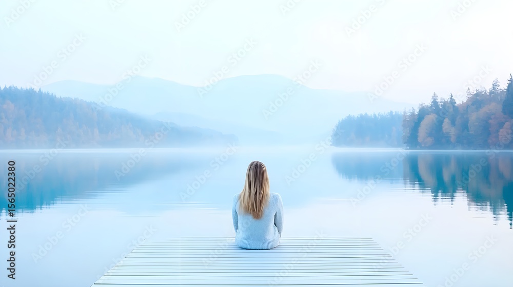 Fototapeta premium Serene Woman on Lake Dock