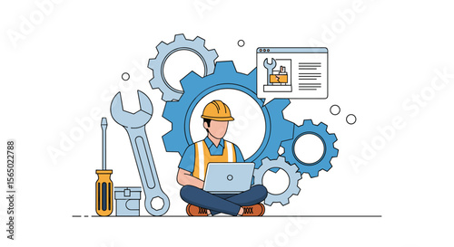 Engineer Works on Computer with Gears and Tools Illustrating Technical Support and System Development
