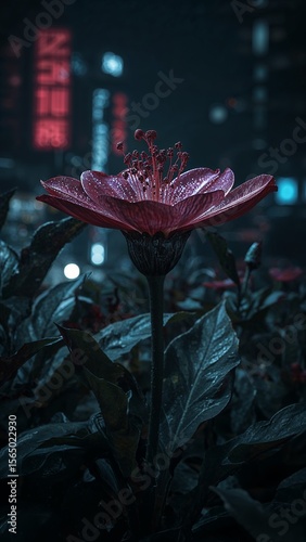 Close up of a purple flower with water droplets and dark green leaves against a blurred city background