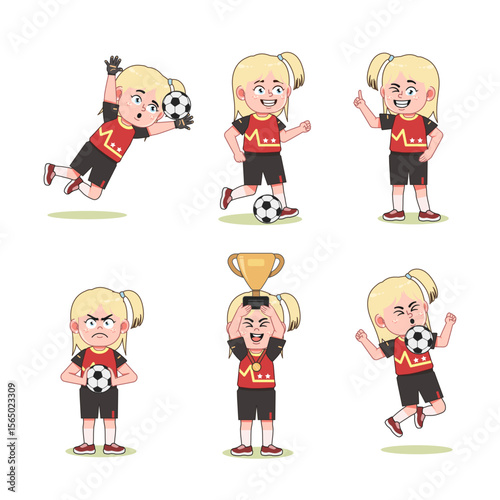 Cute Blonde Girl Long Hair Character Playing Football with different pose collections