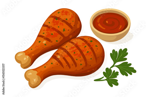 Delicious chicken drumsticks with fresh herbs and sauce vector illustration for culinary design