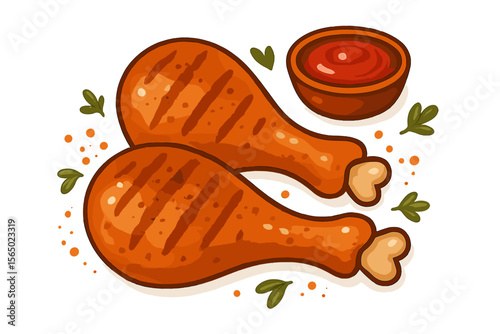 Delicious grilled chicken drumsticks with sauce vector illustration for food design and prints
