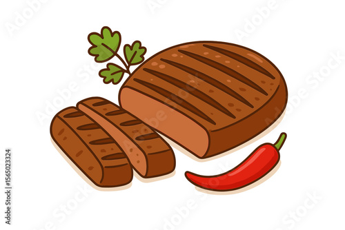 Grilled vegan steak with chili pepper and herbs vector illustration for food design