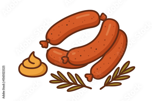 Sausages with mustard and herbs vector illustration in flat style for culinary design