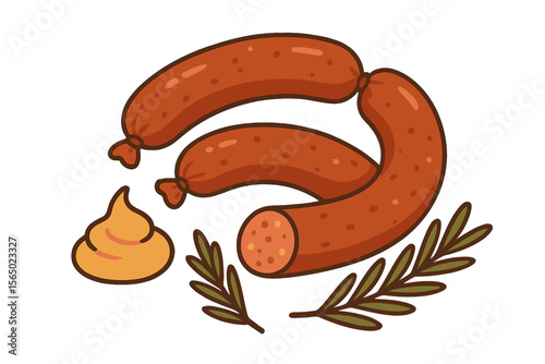 Delicious sausage and mustard vector illustration for culinary design in flat style