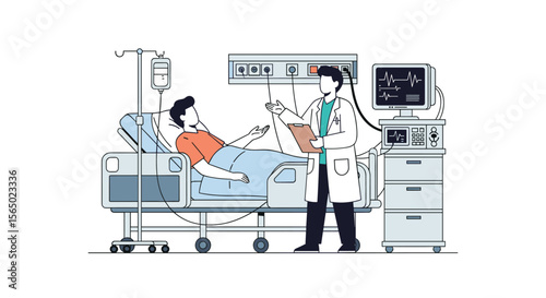 A Doctor Consults With a Patient Lying in a Hospital Bed Surrounded by Medical Equipment